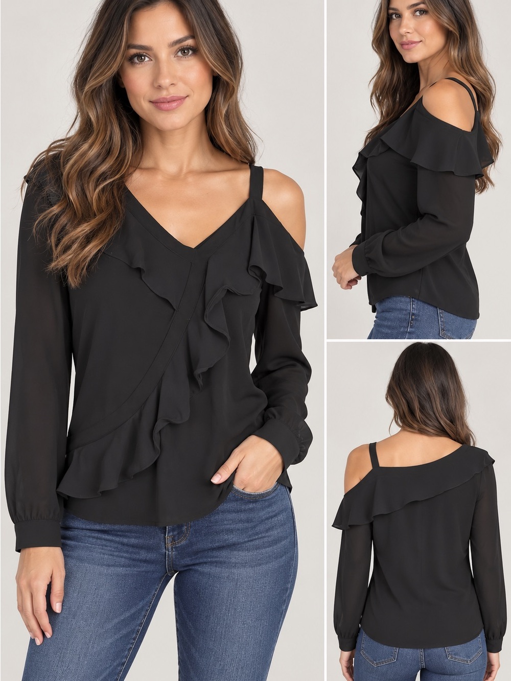 INC International Concepts Black Cold-Shoulder Ruffle V-Neck Blouse